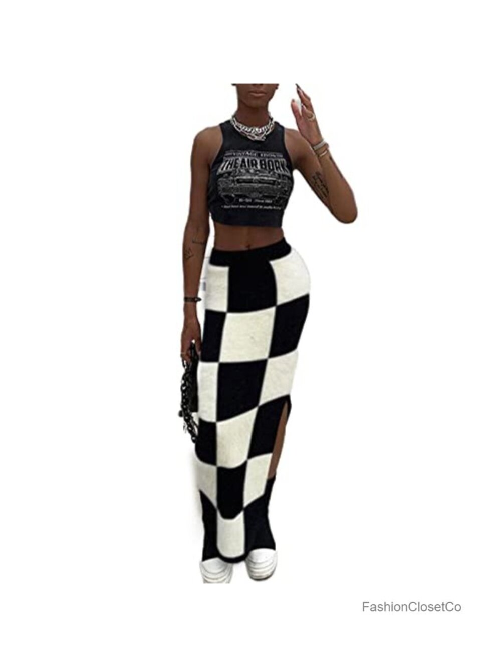 High Waist Plaid Knit Bodycon Midi Skirt Side Split Long